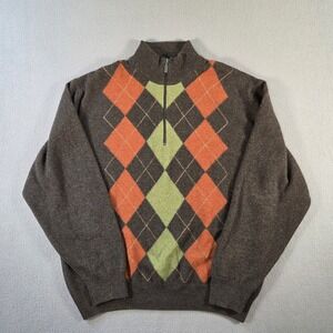 Barbour Sweater Mens Large Brown Wool Argyle 1/4 Zip Pullover Scotland Jumper